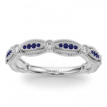 Antique Style Diamond & Blue Sapphire Wedding Band Ring 14K White Gold (0.20ct)